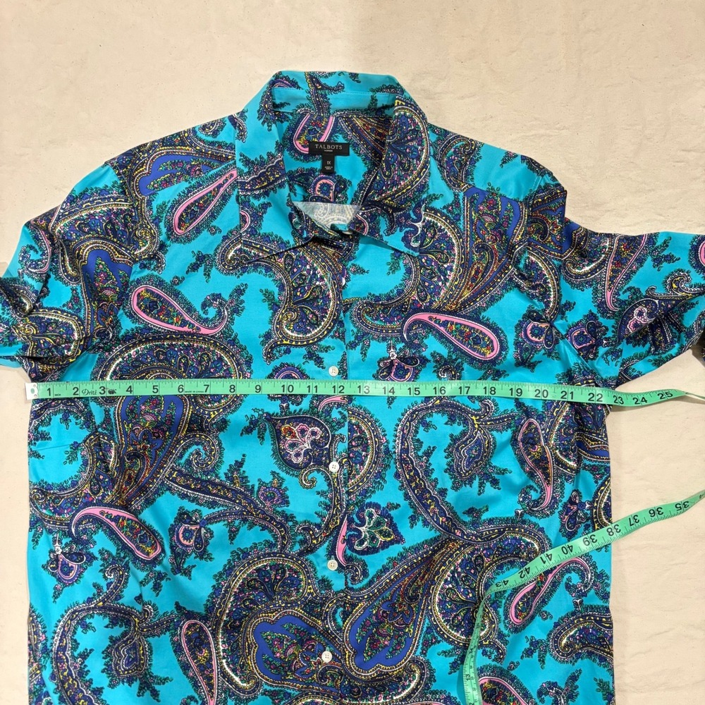 Talbots NWOT 1X Turquoise Blue Paisley Cotton Stretch Button Down Shirt Blouse - Picture 6 of 7